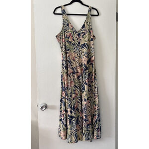 Chaps Midi Dress Size XL Colorful Floral Beach V-Neck Spaghetti Straps Y2K